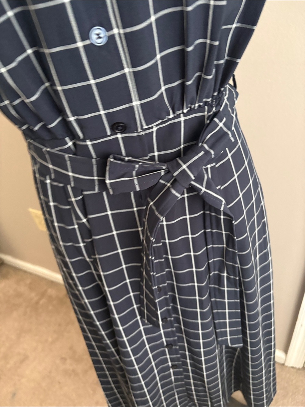 Calvin Klein Navy Windowpane Belted Maxi Shirt Dress - Picture 5 of 8